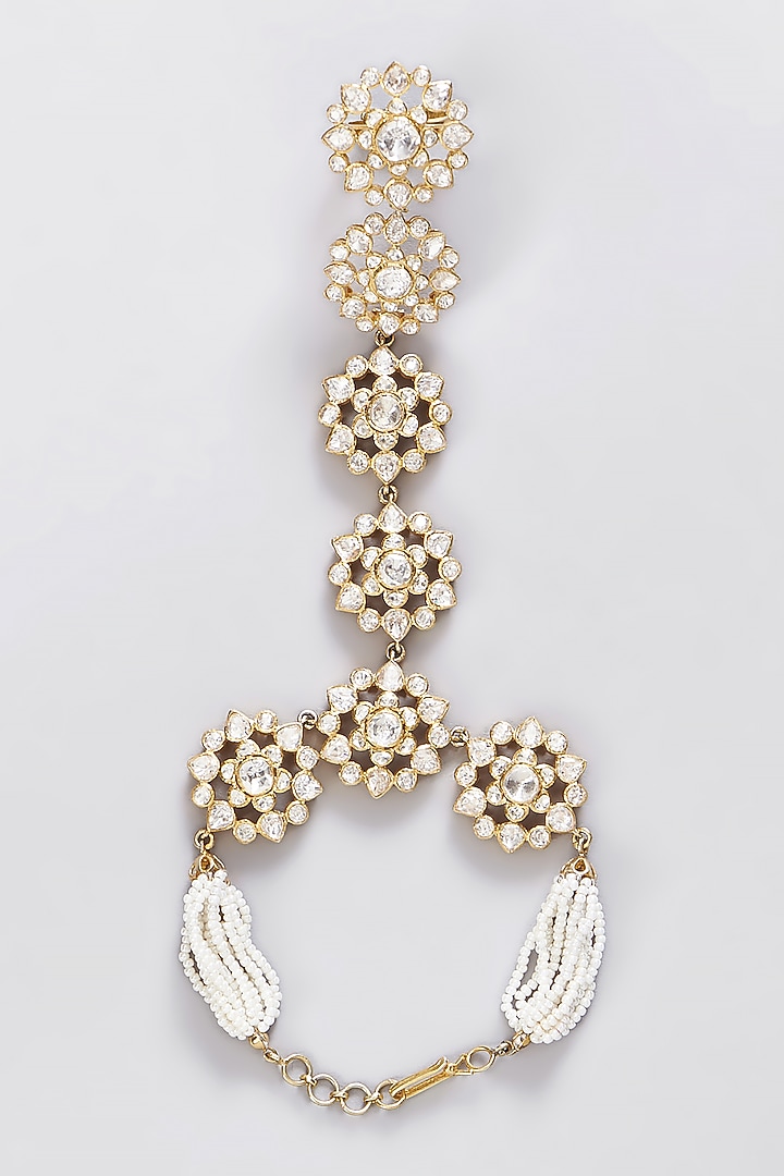 Gold Finish Moissanite Polki & Pearl Hathphool In Sterling Silver by STELLA CREATIONS at Pernia's Pop Up Shop