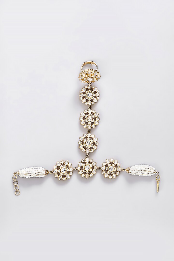 Gold Finish Moissanite Polki & Pearl Hathphool In Sterling Silver by STELLA CREATIONS at Pernia's Pop Up Shop