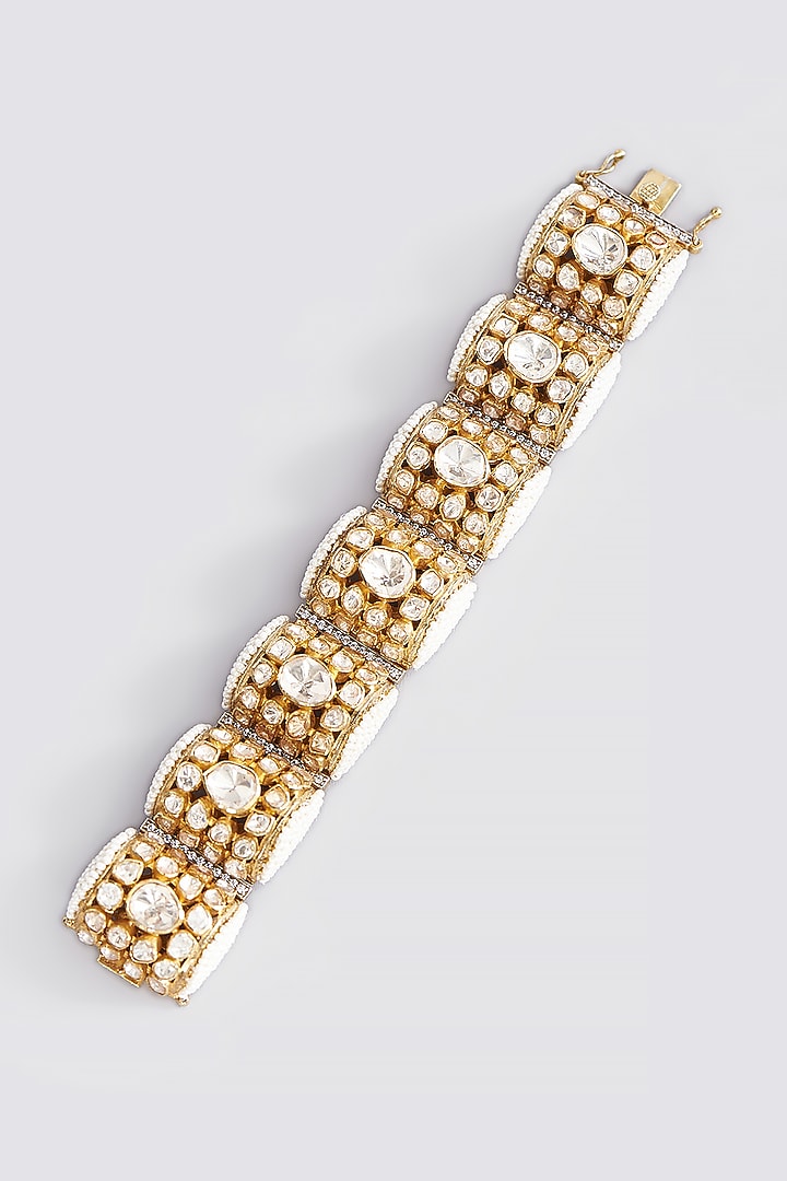 Gold Finish Moissanite Polki & Pearl Bracelet In Sterling Silver by STELLA CREATIONS at Pernia's Pop Up Shop
