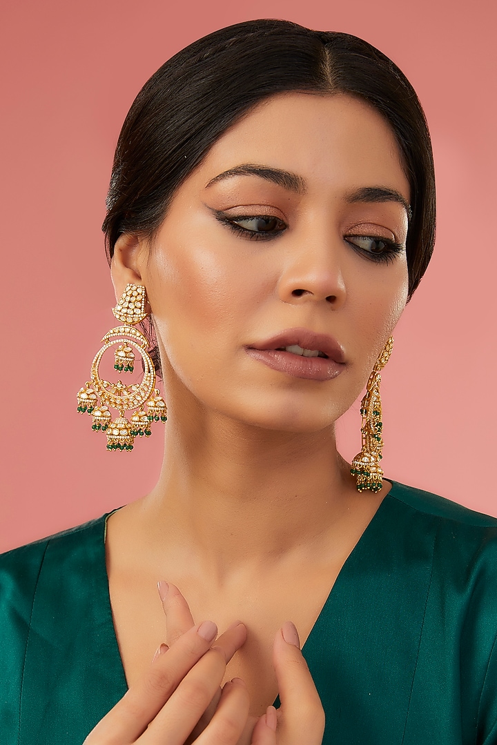 Gold Finish Moissanite Polki & Synthetic Emerald Chandbaali Earrings In Sterling Silver by STELLA CREATIONS at Pernia's Pop Up Shop