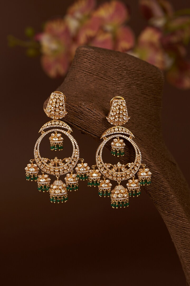 Gold Finish Moissanite Polki & Synthetic Emerald Chandbaali Earrings In Sterling Silver by STELLA CREATIONS at Pernia's Pop Up Shop