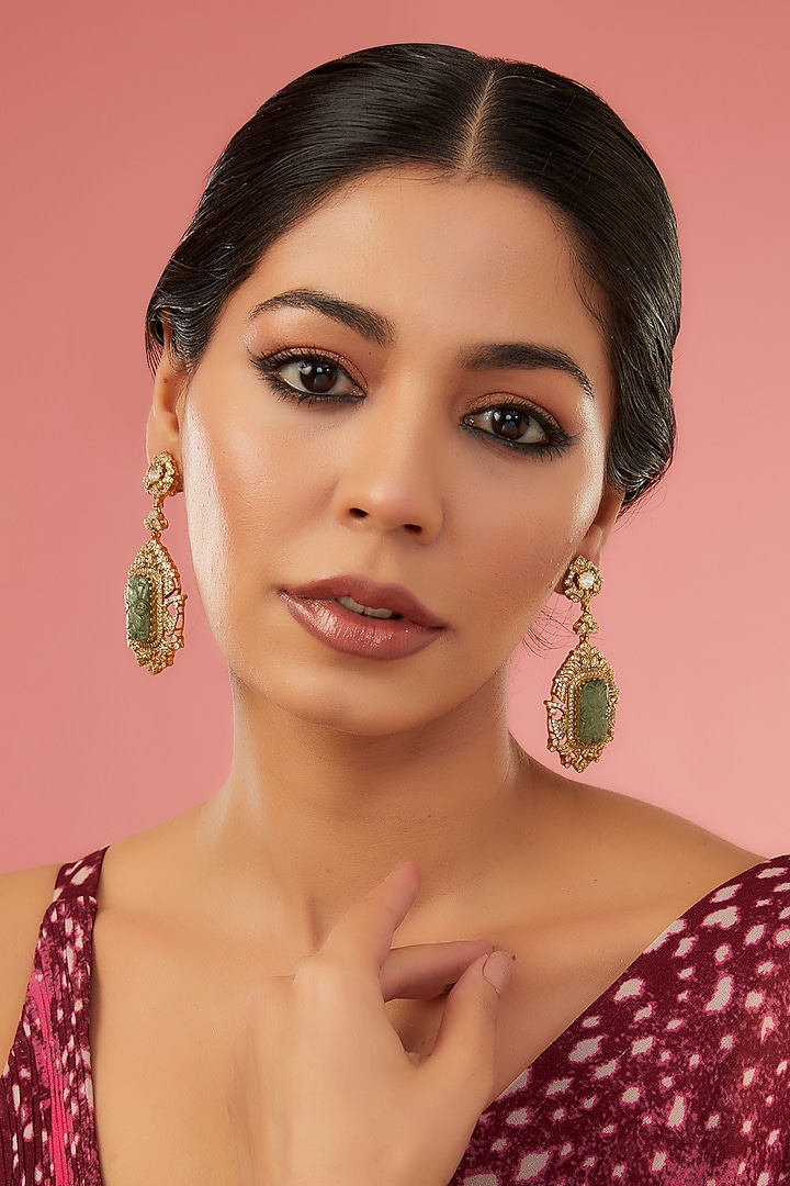 Gold Finish Moissanite Polki & Synthetic Emerald Dangler Earrings In Sterling Silver by STELLA CREATIONS at Pernia's Pop Up Shop