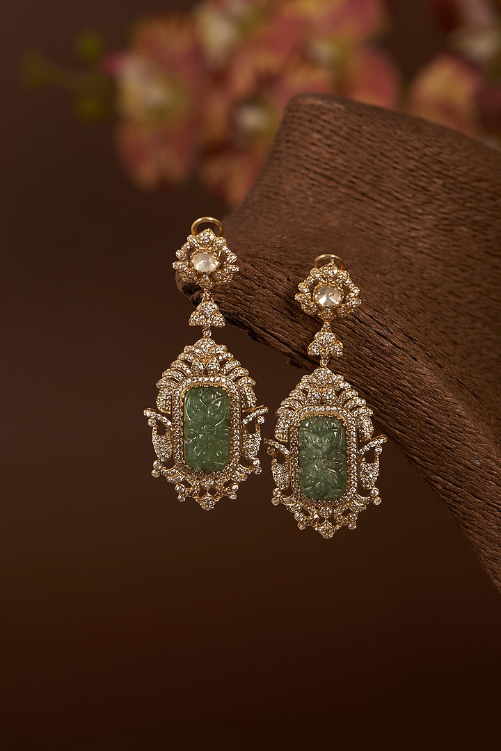 Gold Finish Moissanite Polki & Synthetic Emerald Dangler Earrings In Sterling Silver by STELLA CREATIONS at Pernia's Pop Up Shop