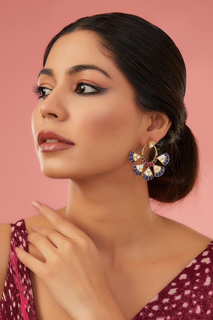 Gold Finish Moissanite Polki & Synthetic Stone Chandbaali Earrings In Sterling Silver by STELLA CREATIONS at Pernia's Pop Up Shop
