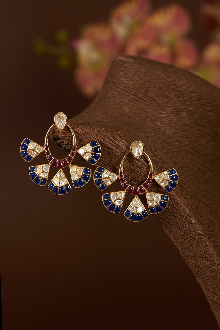 Gold Finish Moissanite Polki & Synthetic Stone Chandbaali Earrings In Sterling Silver by STELLA CREATIONS at Pernia's Pop Up Shop