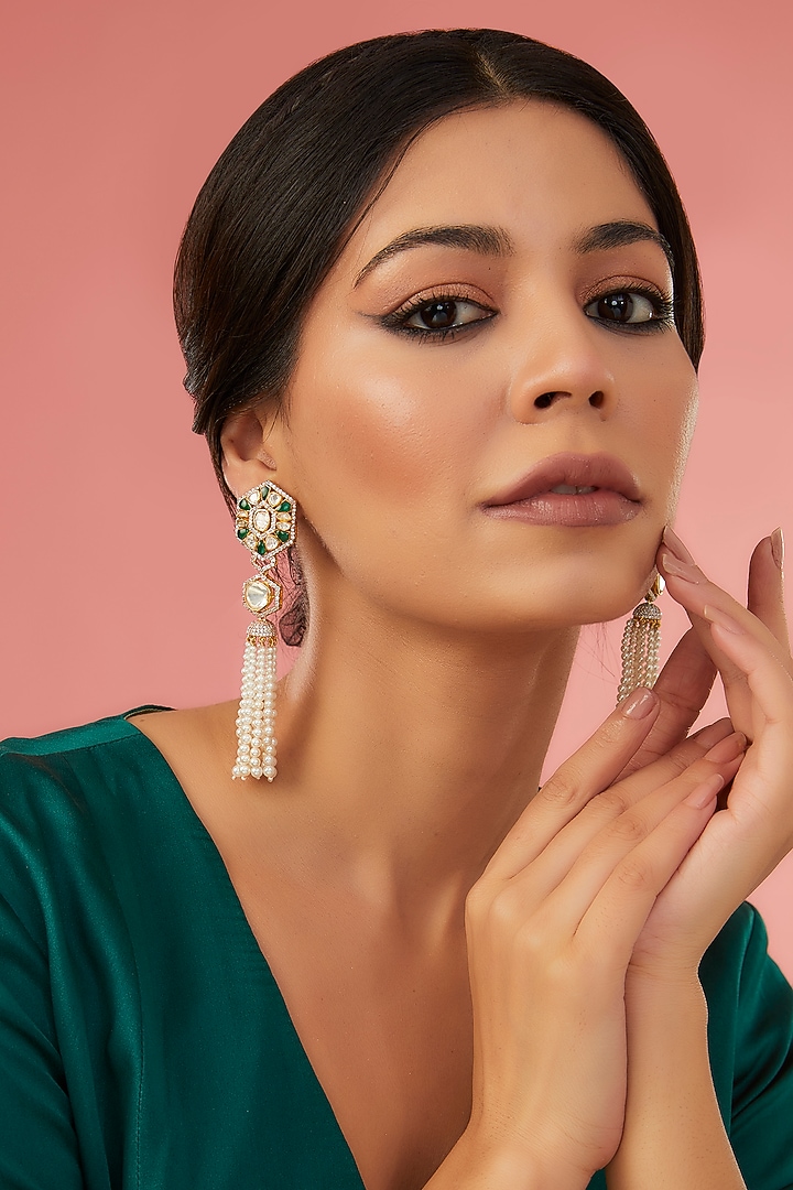 Gold Finish Moissanite Polki & Synthetic Emerald Dangler Earrings In Sterling Silver by STELLA CREATIONS at Pernia's Pop Up Shop