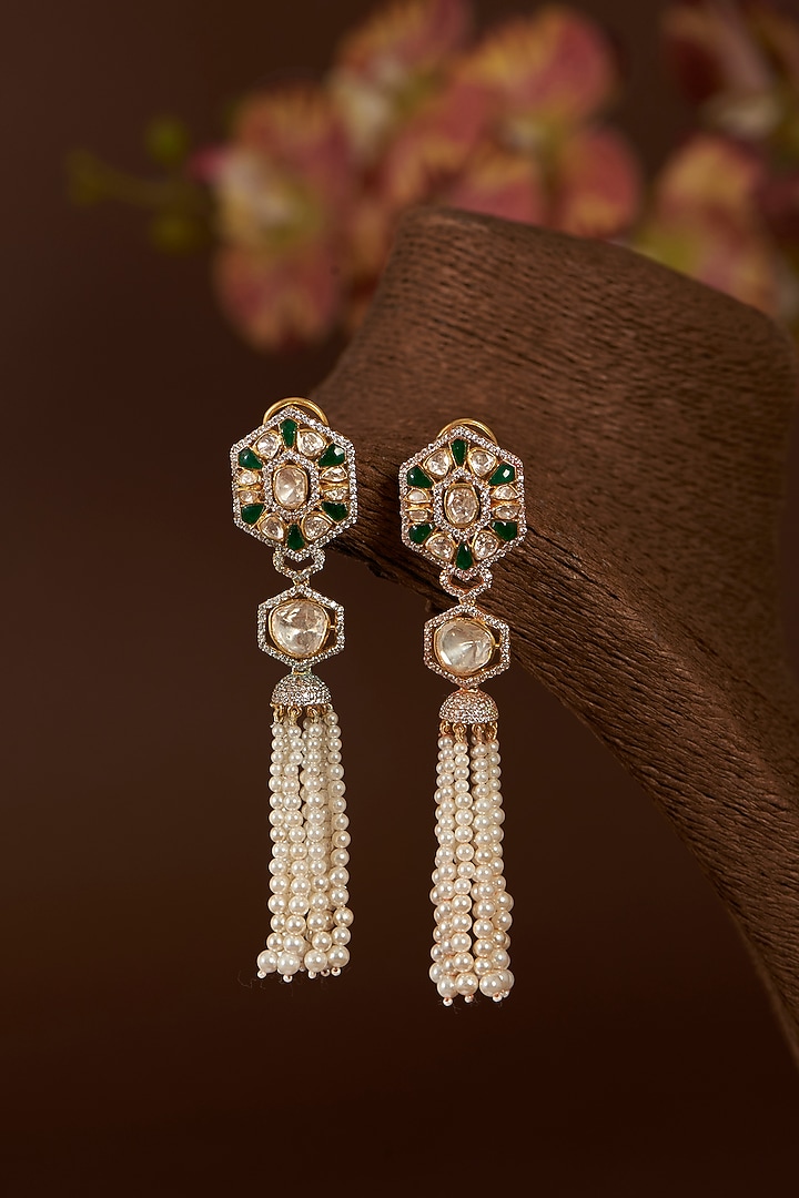 Gold Finish Moissanite Polki & Synthetic Emerald Dangler Earrings In Sterling Silver by STELLA CREATIONS at Pernia's Pop Up Shop