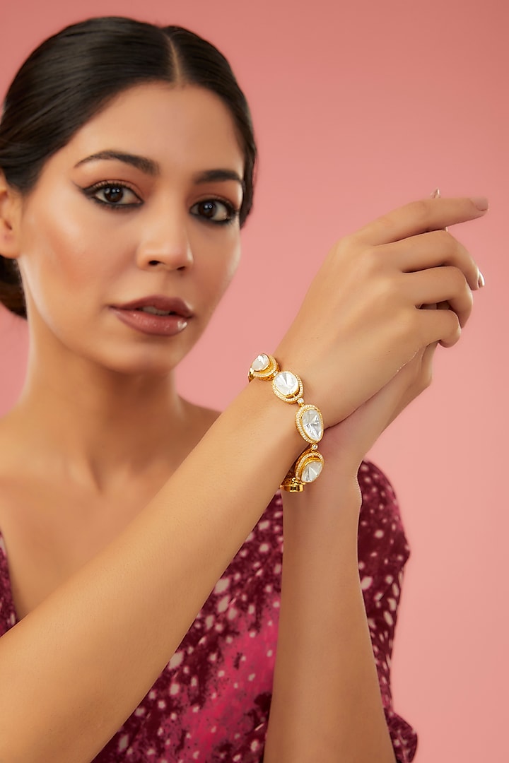 Gold Finish Moissanite Polki & CZ Bracelet In Sterling Silver by STELLA CREATIONS at Pernia's Pop Up Shop