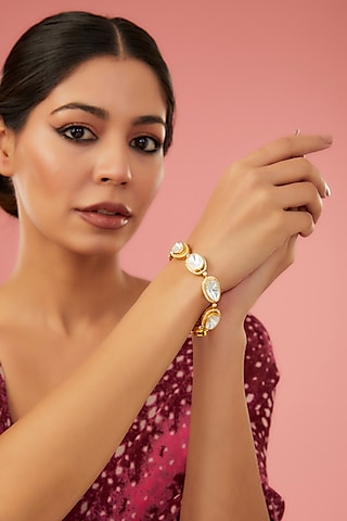 Gold Finish Moissanite Polki & CZ Bracelet In Sterling Silver by STELLA CREATIONS