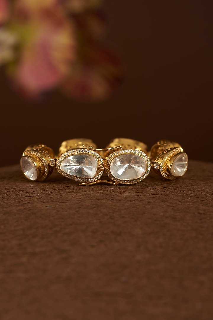 Gold Finish Moissanite Polki & CZ Bracelet In Sterling Silver by STELLA CREATIONS at Pernia's Pop Up Shop