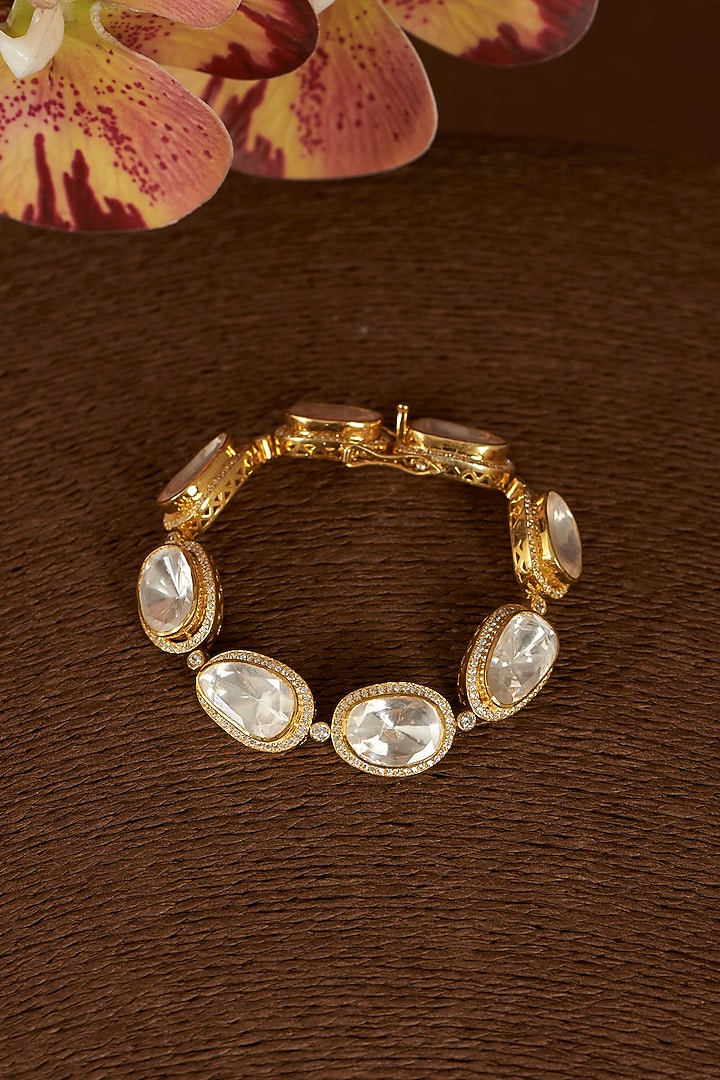 Gold Finish Moissanite Polki & CZ Bracelet In Sterling Silver by STELLA CREATIONS at Pernia's Pop Up Shop