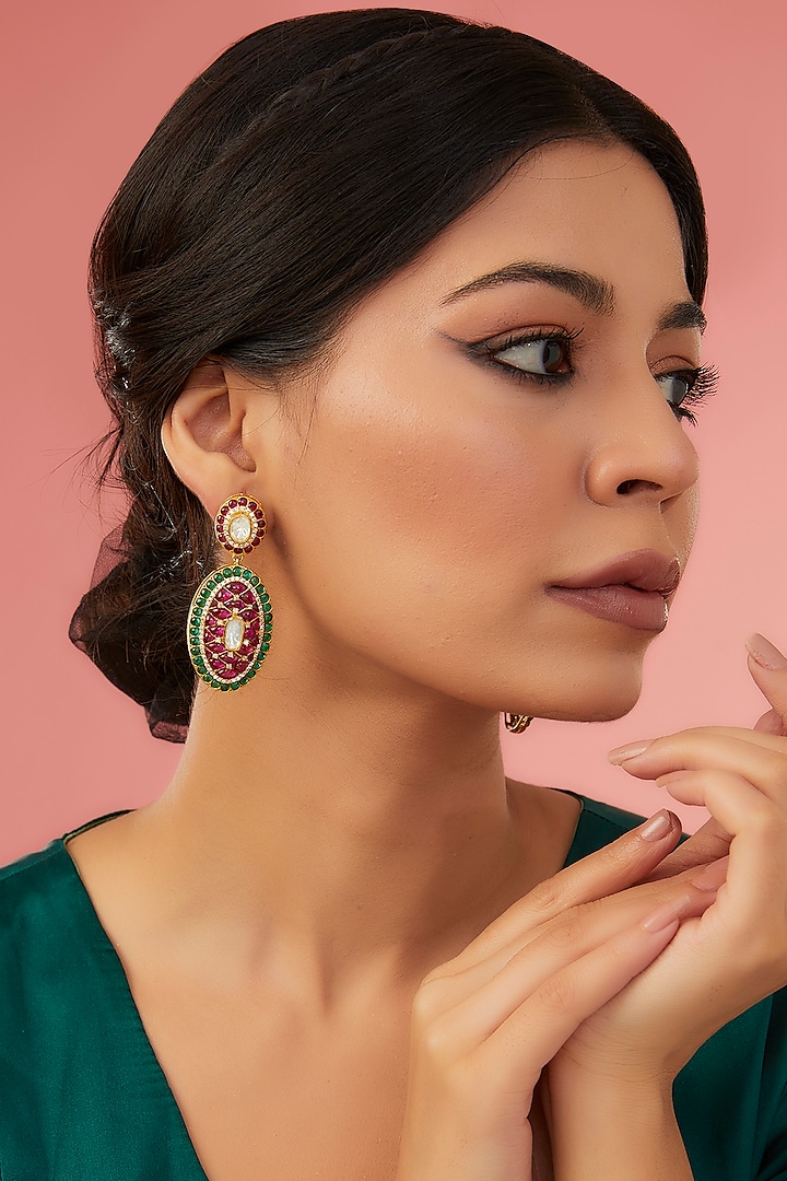 Gold Finish Moissanite Polki & Synthetic Stone Dangler Earrings In Sterling Silver by STELLA CREATIONS at Pernia's Pop Up Shop