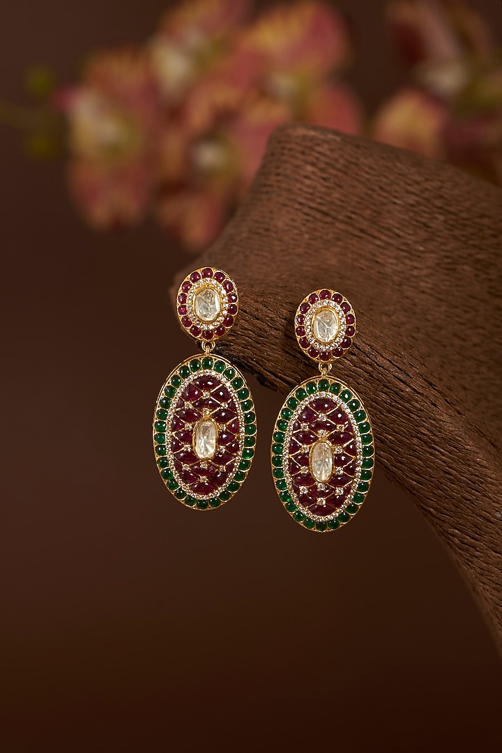 Gold Finish Moissanite Polki & Synthetic Stone Dangler Earrings In Sterling Silver by STELLA CREATIONS at Pernia's Pop Up Shop