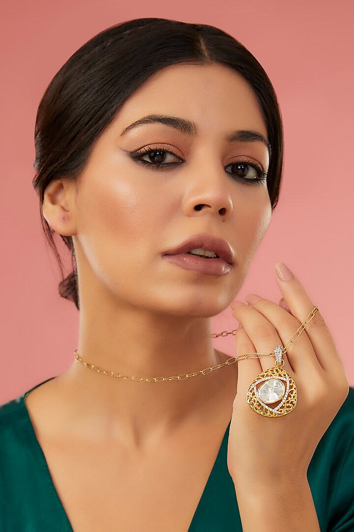 Two-Tone Finish Moissanite Polki & CZ Pendant Necklace In Sterling Silver by STELLA CREATIONS at Pernia's Pop Up Shop