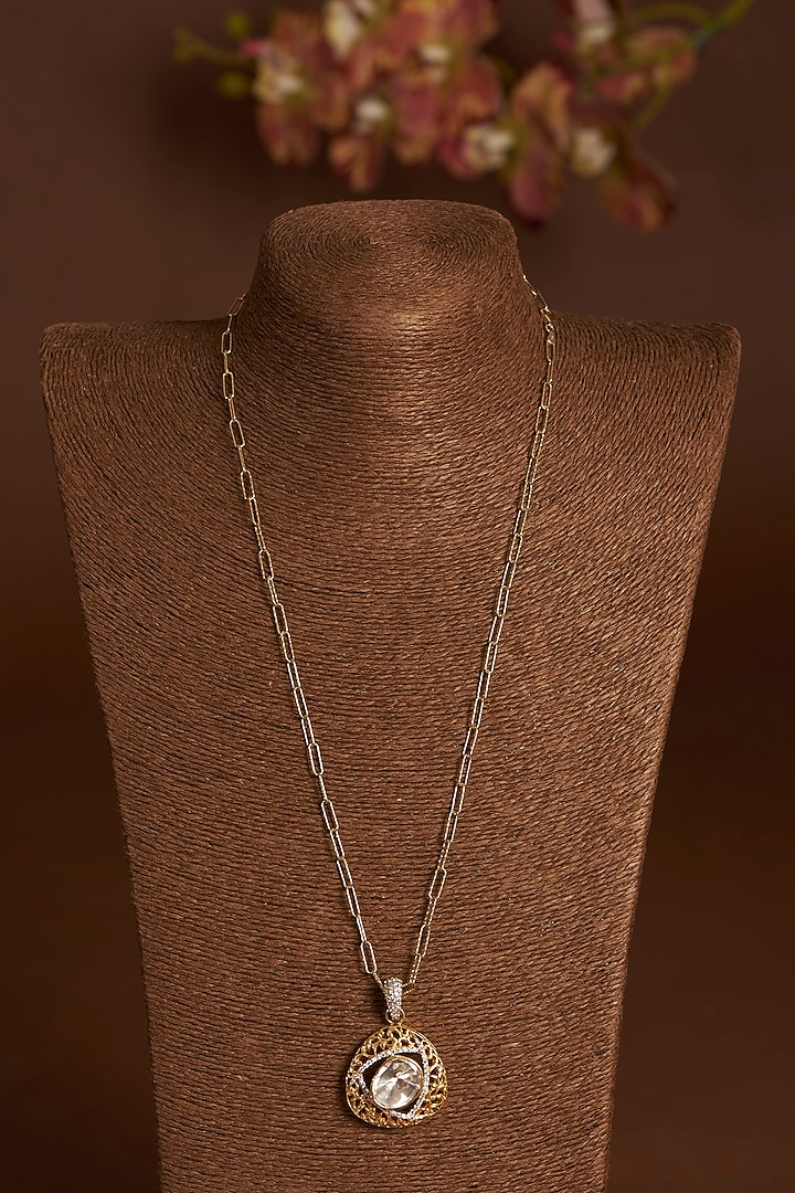 Two-Tone Finish Moissanite Polki & CZ Pendant Necklace In Sterling Silver by STELLA CREATIONS at Pernia's Pop Up Shop