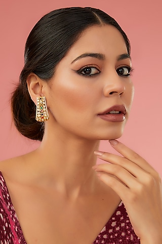 Gold Finish Moissanite Polki & Synthetic Navratna Stone Stud Earrings In Sterling Silver by STELLA CREATIONS