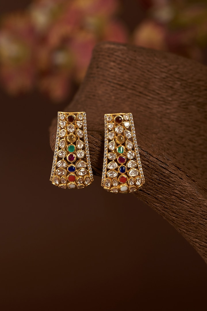 Gold Finish Moissanite Polki & Synthetic Navratna Stone Stud Earrings In Sterling Silver by STELLA CREATIONS at Pernia's Pop Up Shop