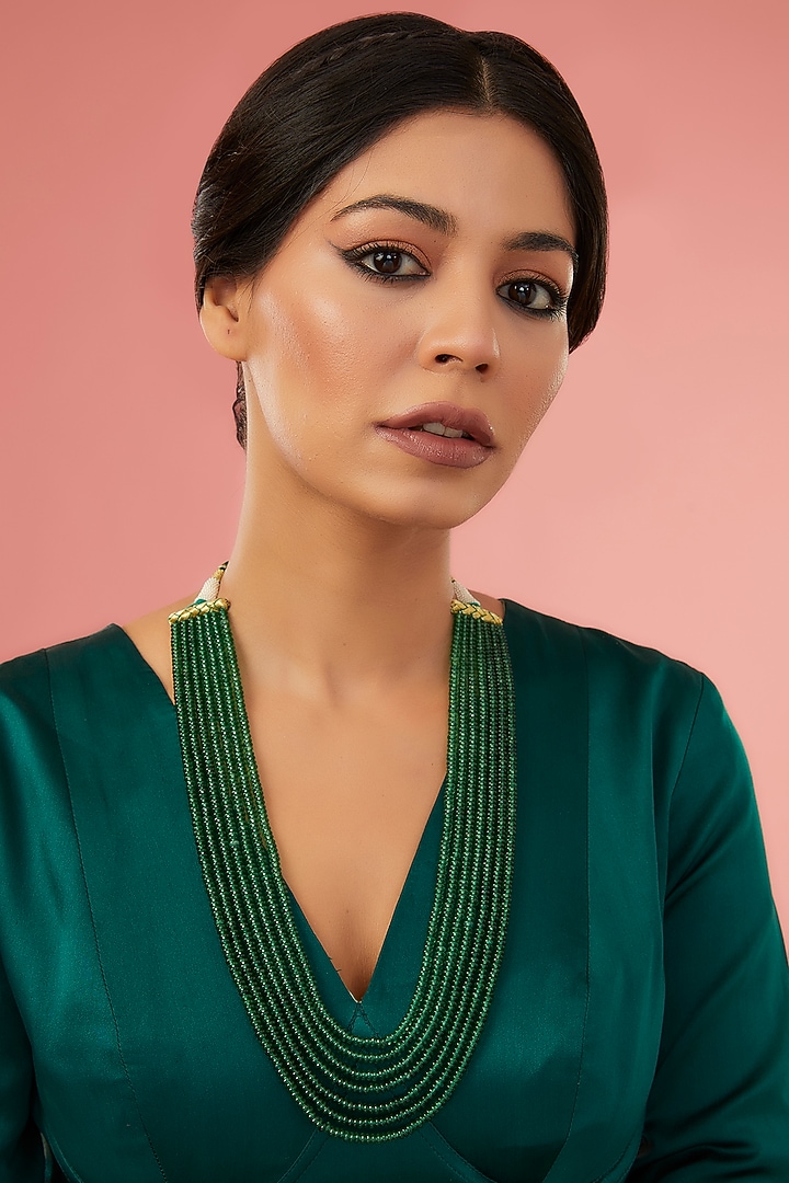 Gold Finish Synthetic Emerald Long Necklace In Sterling Silver by STELLA CREATIONS at Pernia's Pop Up Shop