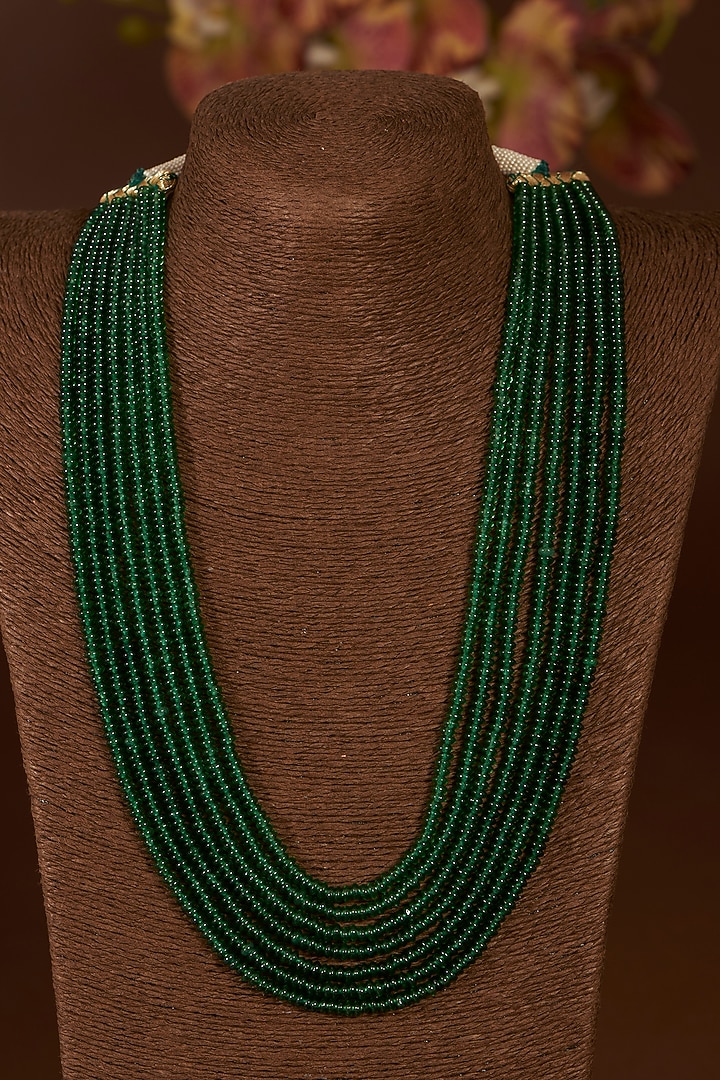 Gold Finish Synthetic Emerald Long Necklace In Sterling Silver by STELLA CREATIONS at Pernia's Pop Up Shop