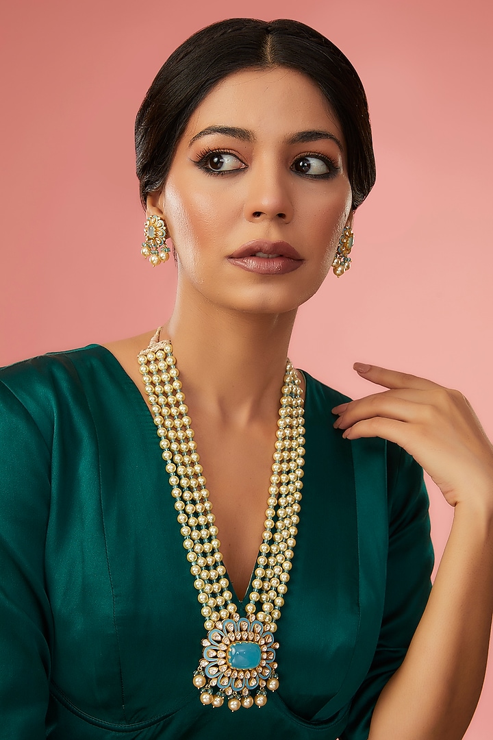 Gold Finish Moissanite Polki & Synthetic Turquoise Stone Enamelled Long Necklace Set In Sterling Silver by STELLA CREATIONS at Pernia's Pop Up Shop