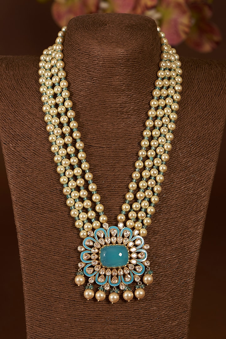 Gold Finish Moissanite Polki & Synthetic Turquoise Stone Enamelled Long Necklace Set In Sterling Silver by STELLA CREATIONS at Pernia's Pop Up Shop