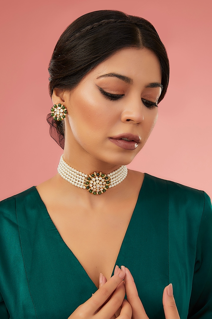 Gold Finish Moissanite Polki & Synthetic Emerald Choker Necklace Set In Sterling Silver by STELLA CREATIONS at Pernia's Pop Up Shop