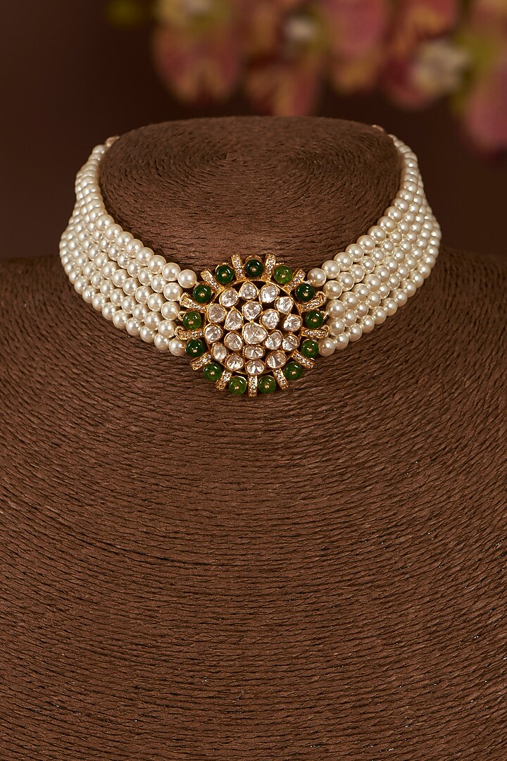 Gold Finish Moissanite Polki & Synthetic Emerald Choker Necklace Set In Sterling Silver by STELLA CREATIONS at Pernia's Pop Up Shop
