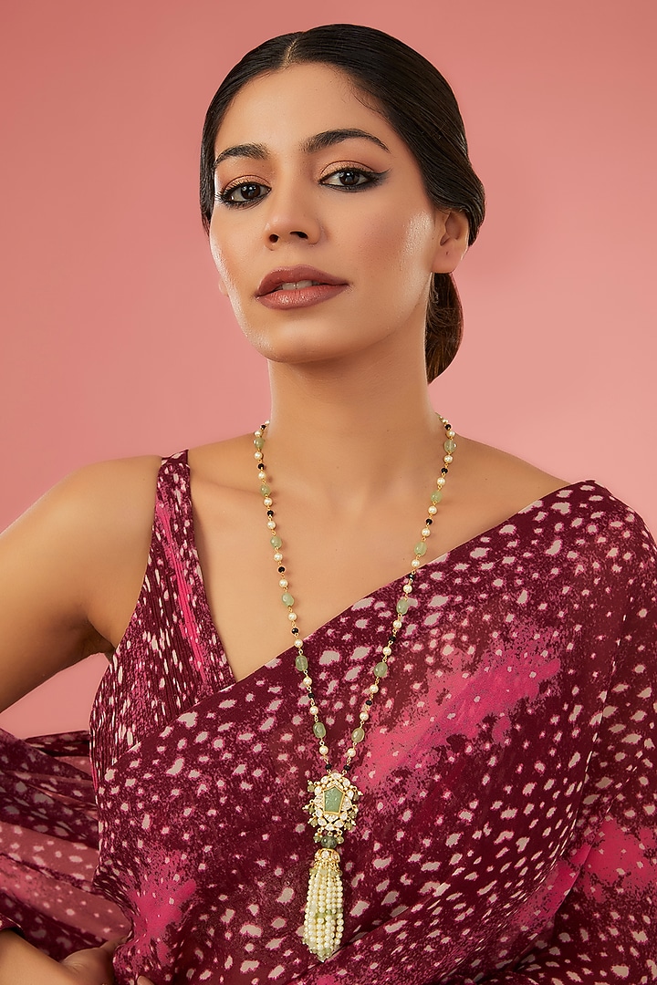Gold Finish Moissanite Polki & Synthetic Emerald Long Necklace In Sterling Silver by STELLA CREATIONS at Pernia's Pop Up Shop