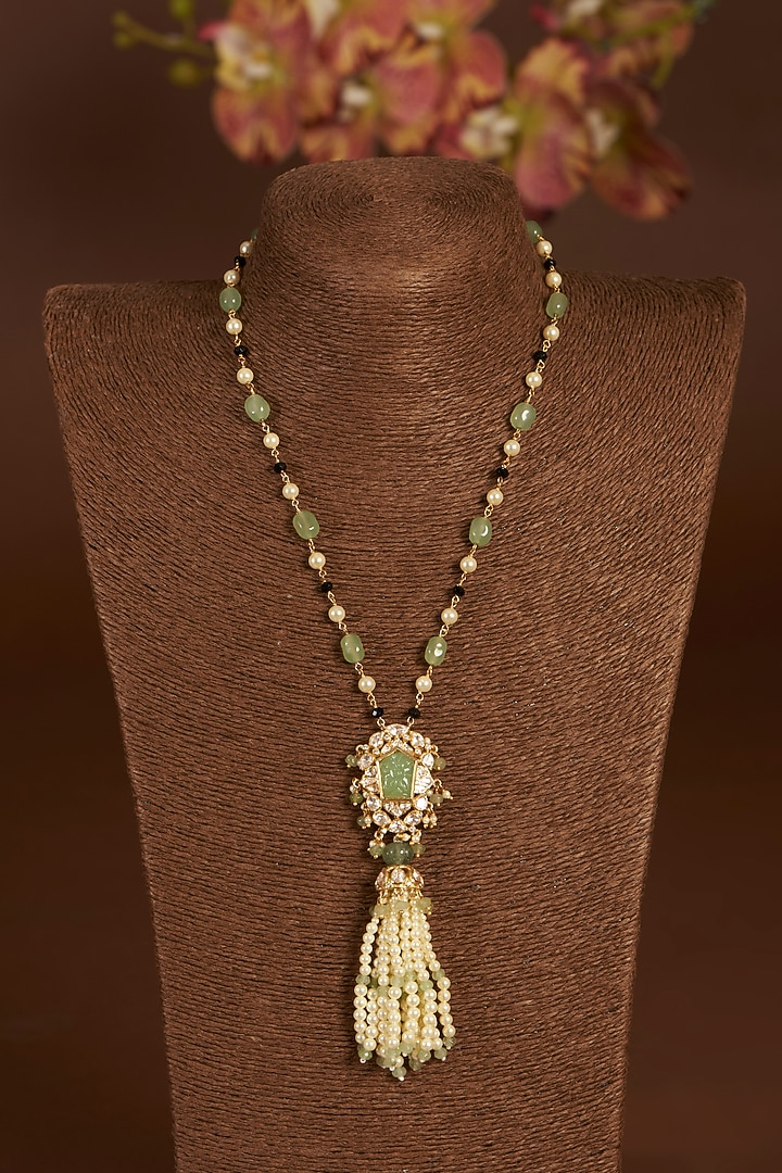 Gold Finish Moissanite Polki & Synthetic Emerald Long Necklace In Sterling Silver by STELLA CREATIONS at Pernia's Pop Up Shop