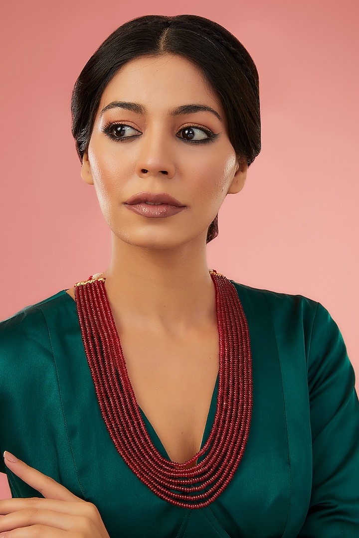 Gold Finish Synthetic Ruby Long Necklace In Sterling Silver by STELLA CREATIONS at Pernia's Pop Up Shop