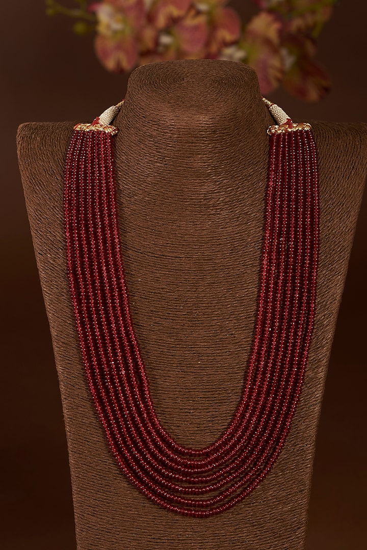 Gold Finish Synthetic Ruby Long Necklace In Sterling Silver by STELLA CREATIONS at Pernia's Pop Up Shop