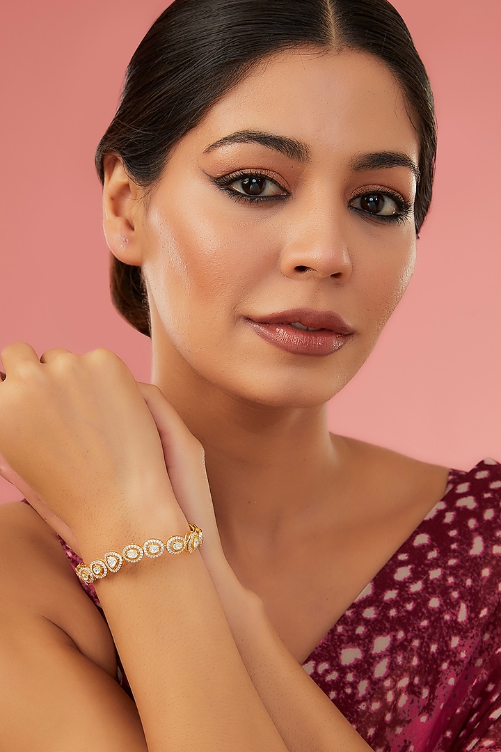 Gold Finish Moissanite Polki & CZ Bangle In Sterling Silver by STELLA CREATIONS at Pernia's Pop Up Shop