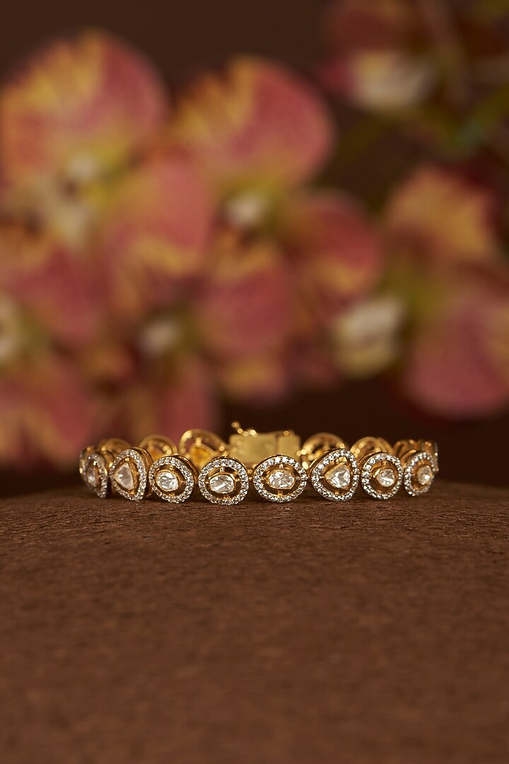 Gold Finish Moissanite Polki & CZ Bangle In Sterling Silver by STELLA CREATIONS at Pernia's Pop Up Shop