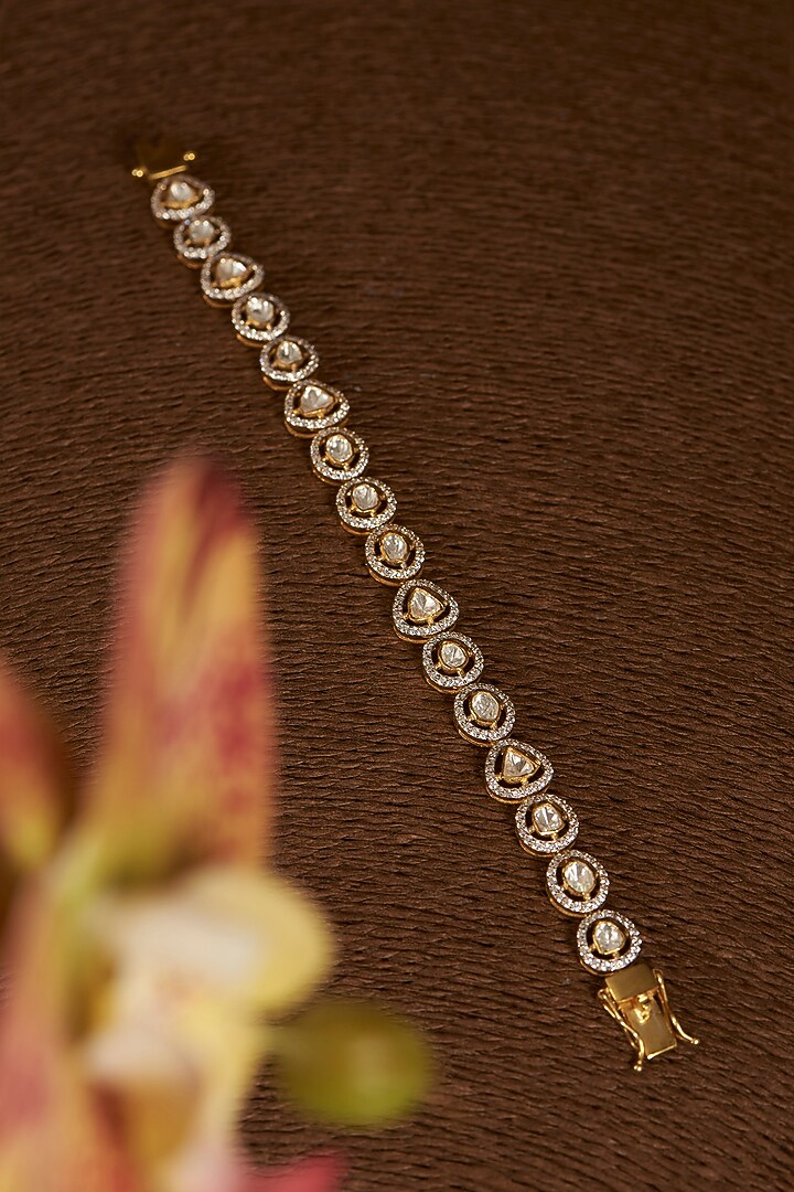 Gold Finish Moissanite Polki & CZ Bangle In Sterling Silver by STELLA CREATIONS at Pernia's Pop Up Shop