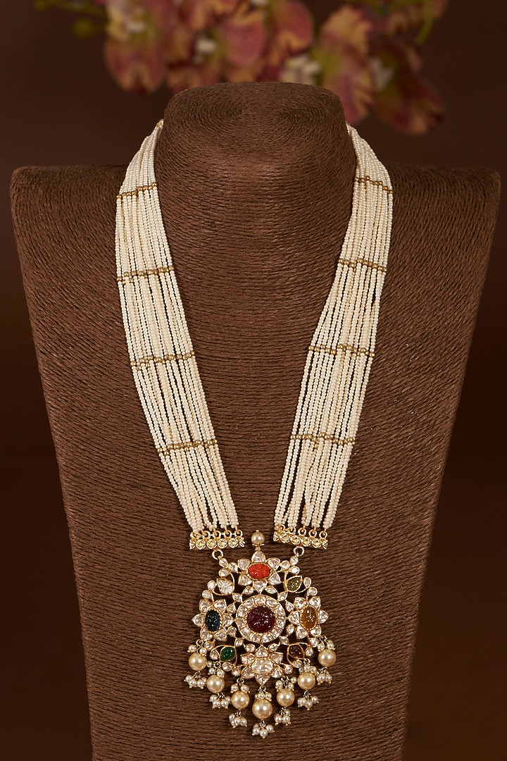Gold Finish Moissanite Polki & Synthetic Navratna Stone Long Necklace In Sterling Silver by STELLA CREATIONS at Pernia's Pop Up Shop