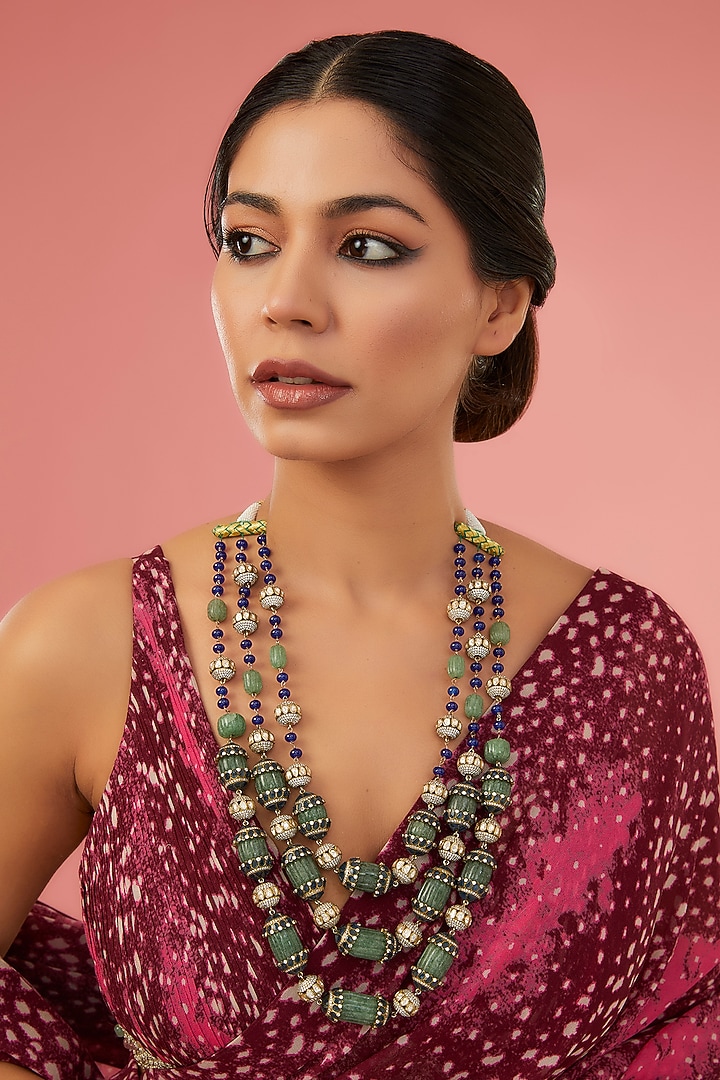 Gold Finish Moissanite Polki & Synthetic Emerald Long Necklace In Sterling Silver by STELLA CREATIONS at Pernia's Pop Up Shop