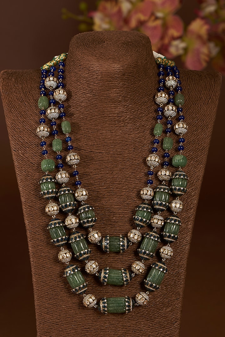 Gold Finish Moissanite Polki & Synthetic Emerald Long Necklace In Sterling Silver by STELLA CREATIONS at Pernia's Pop Up Shop