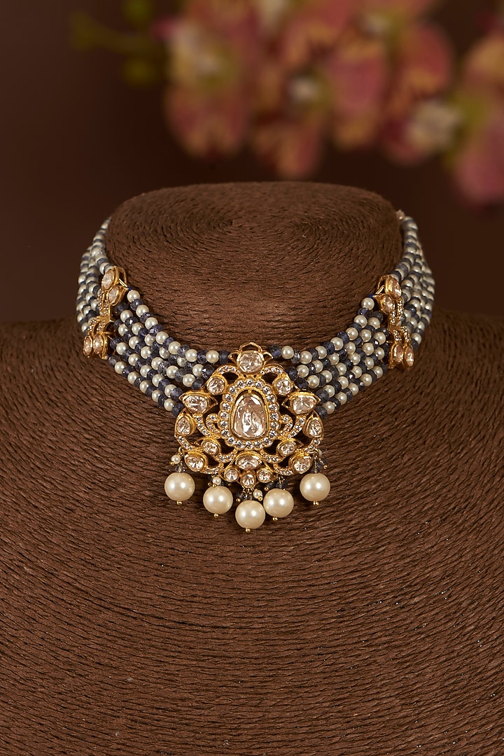 Gold Finish Moissanite Polki & Synthetic Tanzanite Choker Necklace Set In Sterling Silver by STELLA CREATIONS at Pernia's Pop Up Shop