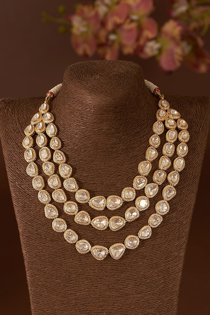 Gold Finish Moissanite Polki & Eurostar CZ Layered Necklace In Sterling Silver by STELLA CREATIONS at Pernia's Pop Up Shop