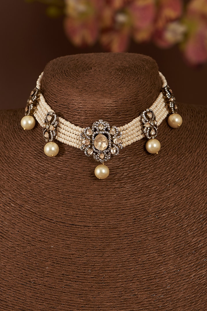 Gold Finish Moissanite Polki & Freshwater Pearl Choker Necklace Set In Sterling Silver by STELLA CREATIONS at Pernia's Pop Up Shop