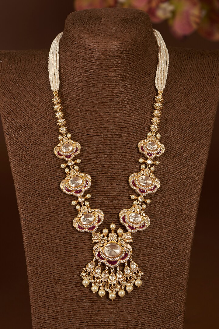 Gold Finish Moissanite Polki & Synthetic Ruby Long Necklace Set In Sterling Silver by STELLA CREATIONS at Pernia's Pop Up Shop