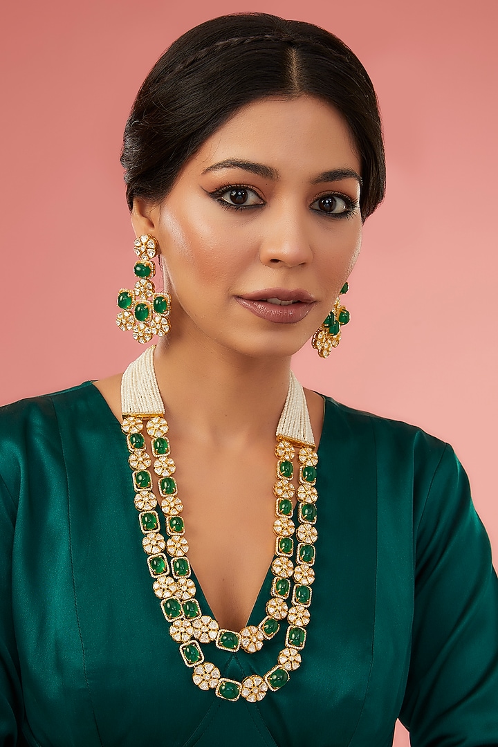 Gold Finish Moissanite Polki & Synthetic Ruby Long Necklace Set In Sterling Silver by STELLA CREATIONS at Pernia's Pop Up Shop