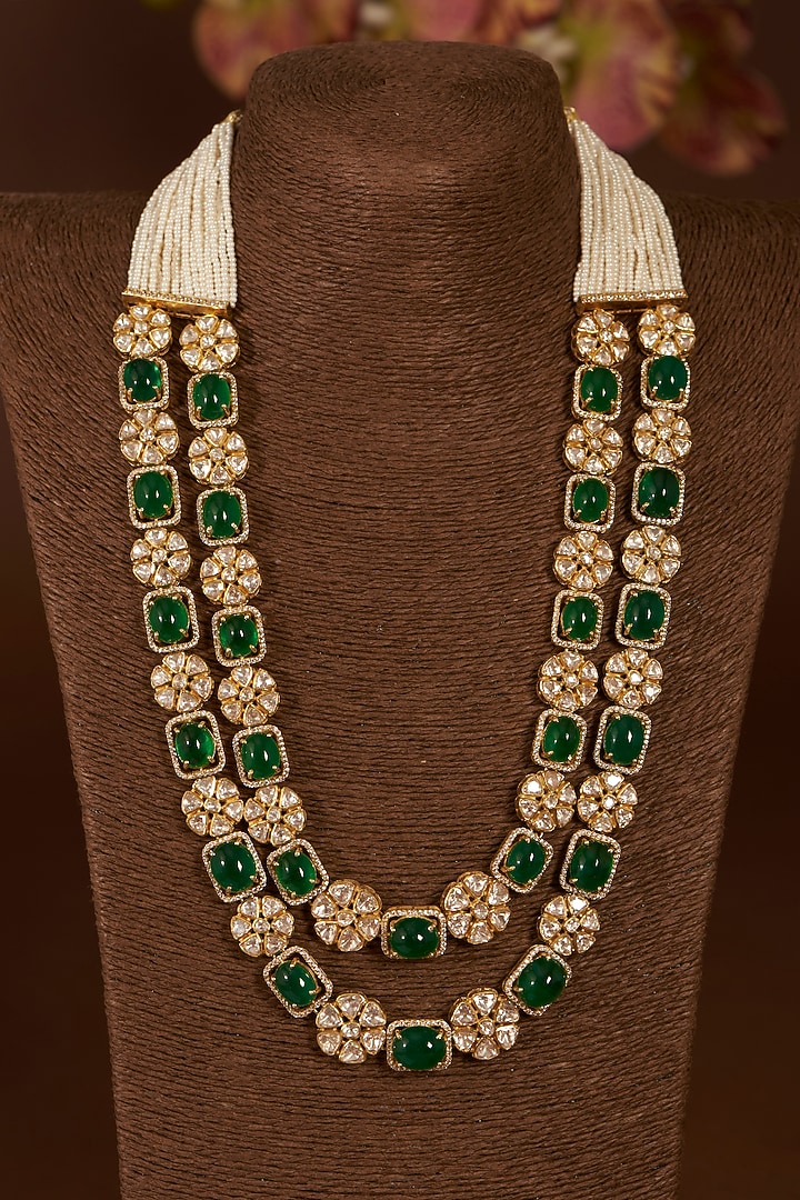 Gold Finish Moissanite Polki & Synthetic Ruby Long Necklace Set In Sterling Silver by STELLA CREATIONS at Pernia's Pop Up Shop