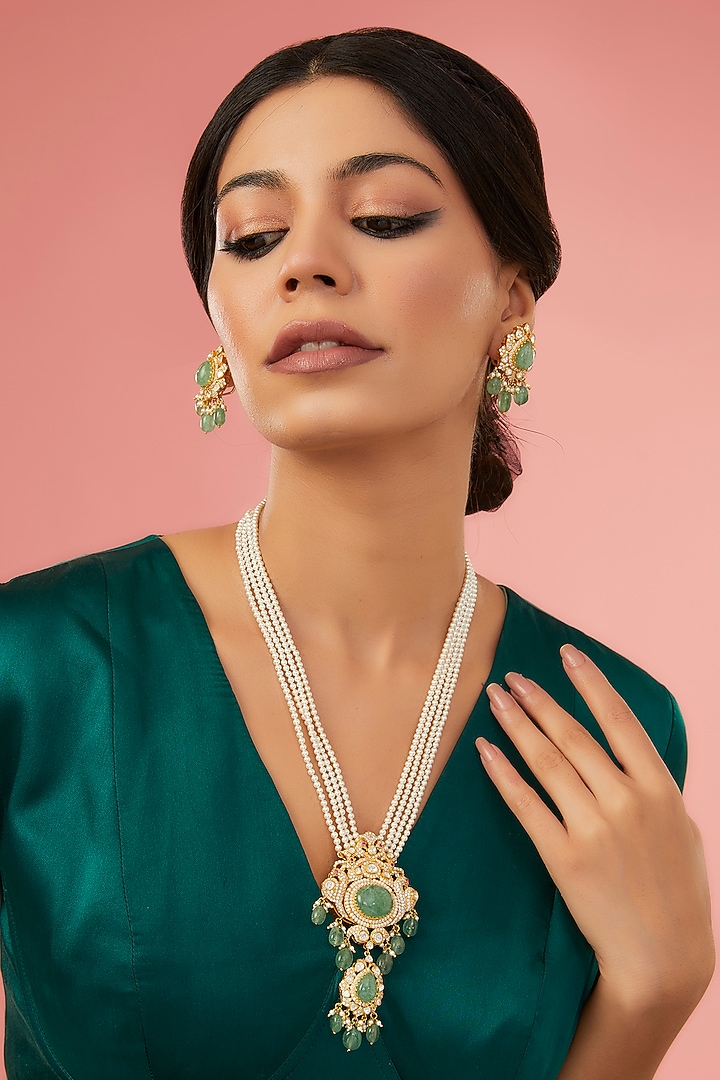 Gold Finish Moissanite Polki & Synthetic Emerald Long Necklace Set In Sterling Silver by STELLA CREATIONS at Pernia's Pop Up Shop