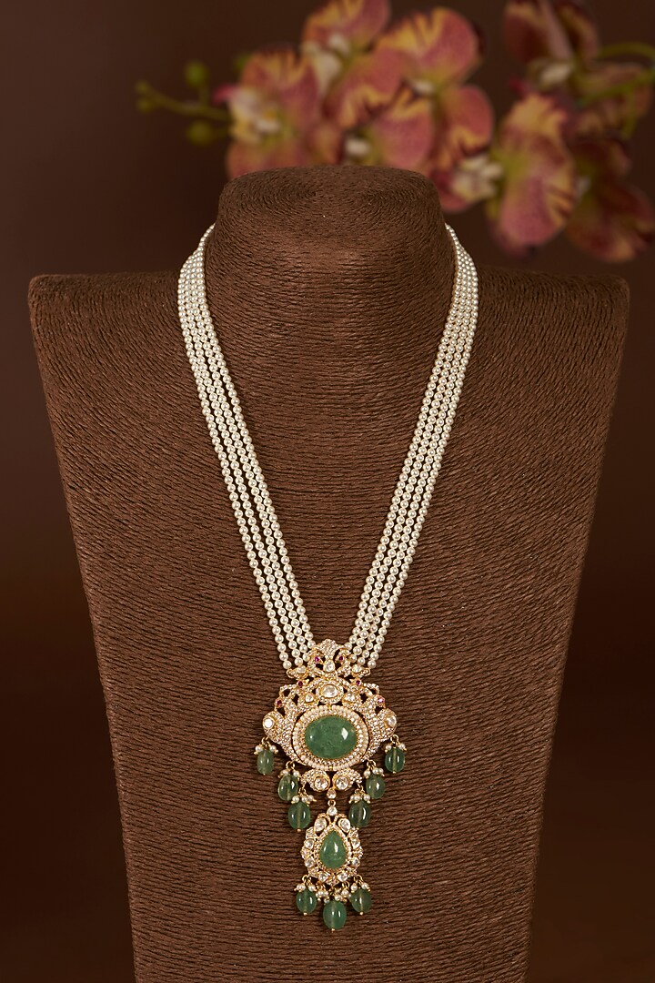 Gold Finish Moissanite Polki & Synthetic Emerald Long Necklace Set In Sterling Silver by STELLA CREATIONS at Pernia's Pop Up Shop