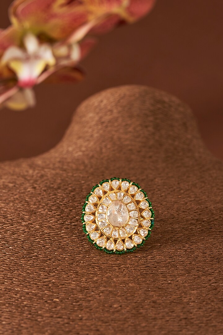Yellow Gold Finish Kundan Polki & Emerald Synthetic Stone Ring In Sterling Silver by STELLA CREATIONS at Pernia's Pop Up Shop