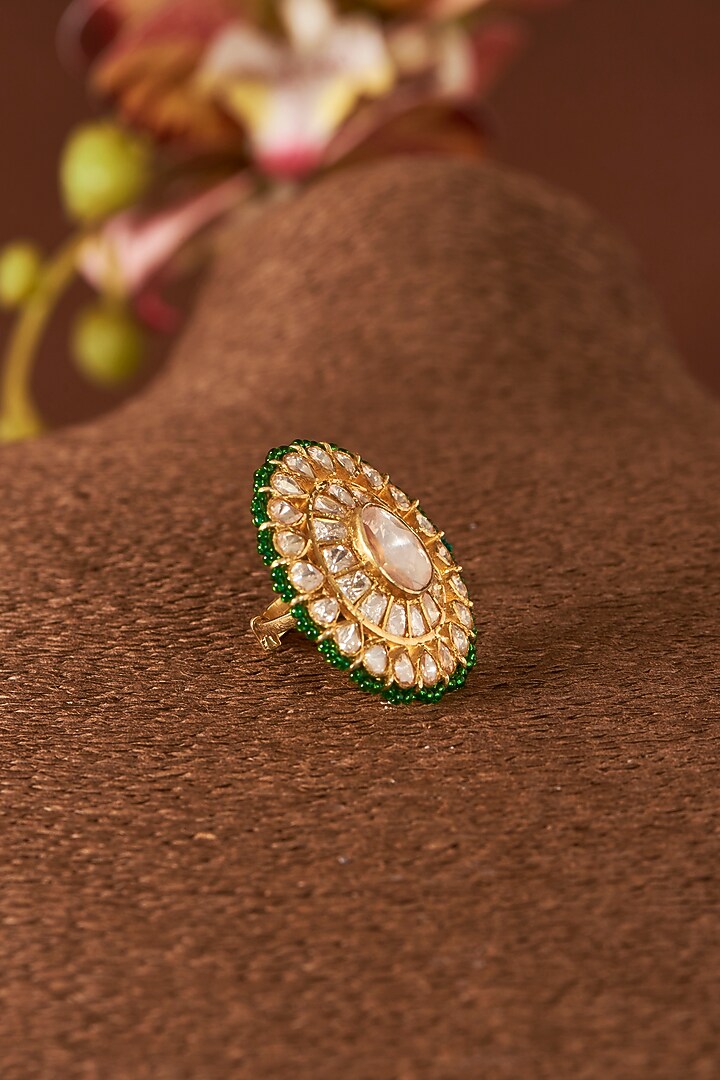 Yellow Gold Finish Kundan Polki & Emerald Synthetic Stone Ring In Sterling Silver by STELLA CREATIONS at Pernia's Pop Up Shop