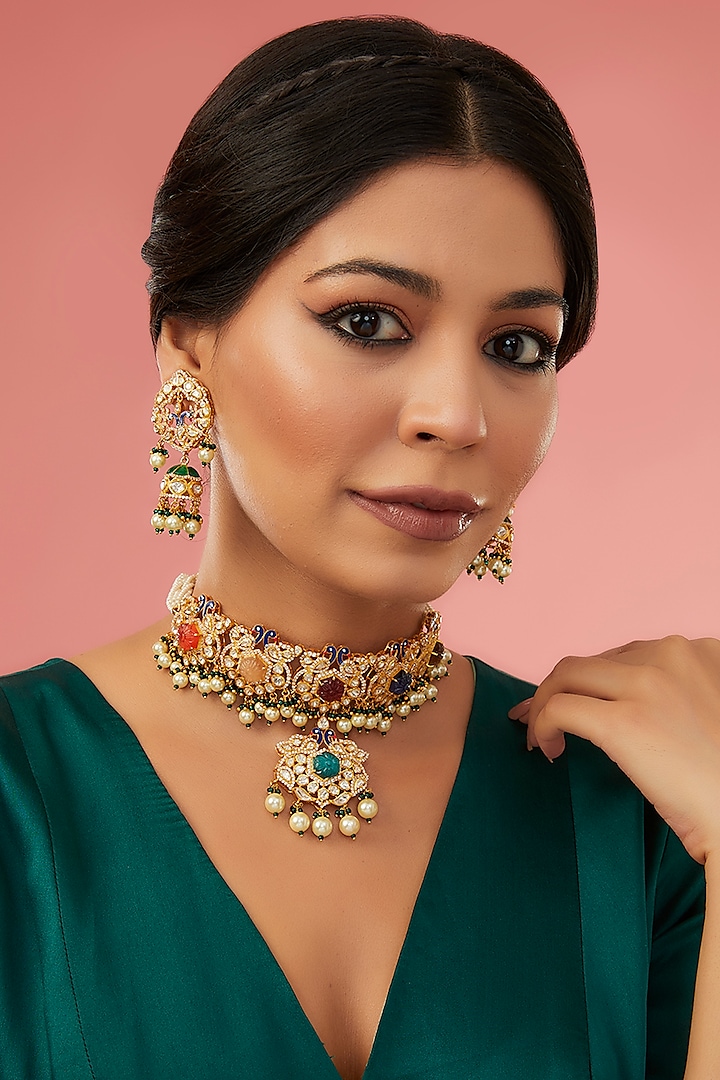 Gold Finish Moissanite Polki & Synthetic Navratna Stone Choker Necklace Set In Sterling Silver by STELLA CREATIONS at Pernia's Pop Up Shop