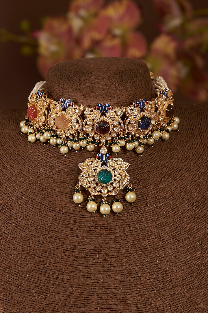 Gold Finish Moissanite Polki & Synthetic Navratna Stone Choker Necklace Set In Sterling Silver by STELLA CREATIONS at Pernia's Pop Up Shop