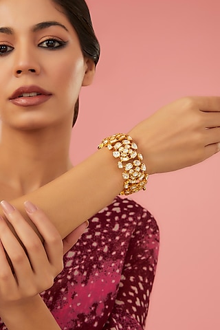 Gold Finish Moissanite Polki Bangle In Sterling Silver by STELLA CREATIONS